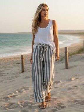 Indigo Rising Womens Sz XL Linen Blend Striped High Rise Belted Wide Leg Pants